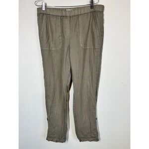 J Jill Pure Jill Linen Straight Leg Pants Olive Green Pull On‎ Roll Tab Leg Med